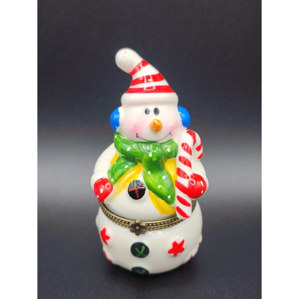 Snowman Ceramic Christmas Trinket Jewelry Ring Box Collectible Handpainded